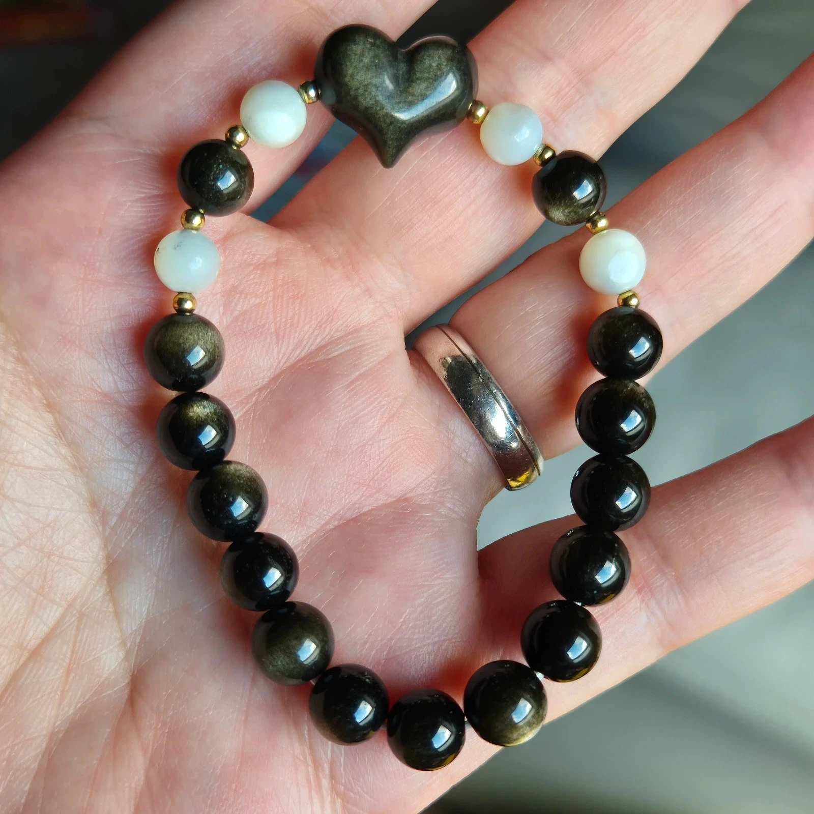 Natuurlijke gouden Obsidian hartvormige en kralenvormige armband – photo 4